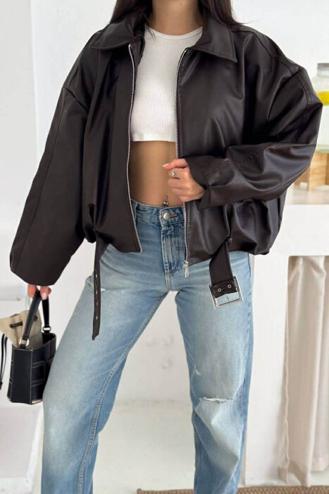 BELT DETAIL ONE COLOR LEATHER WOMEN JACKET DARK BROWN/KAE - 4