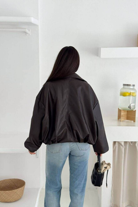 BELT DETAIL ONE COLOR LEATHER WOMEN JACKET DARK BROWN/KAE - 3