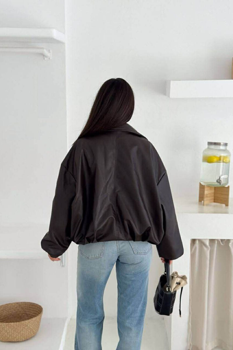 BELT DETAIL ONE COLOR LEATHER WOMEN JACKET DARK BROWN/KAE - 3