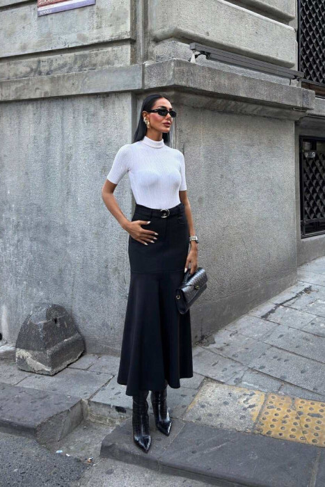 BELT DETAIL ONE COLOR LONG WOMEN SKIRT BLACK/ E ZEZE - 5