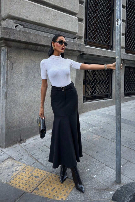 BELT DETAIL ONE COLOR LONG WOMEN SKIRT BLACK/ E ZEZE - KLAUDIO FASHION