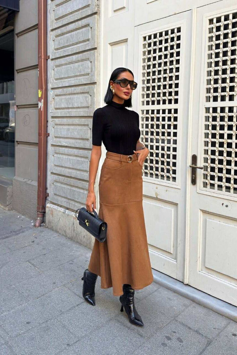 BELT DETAIL ONE COLOR LONG WOMEN SKIRT BROWN/KAFE - 5