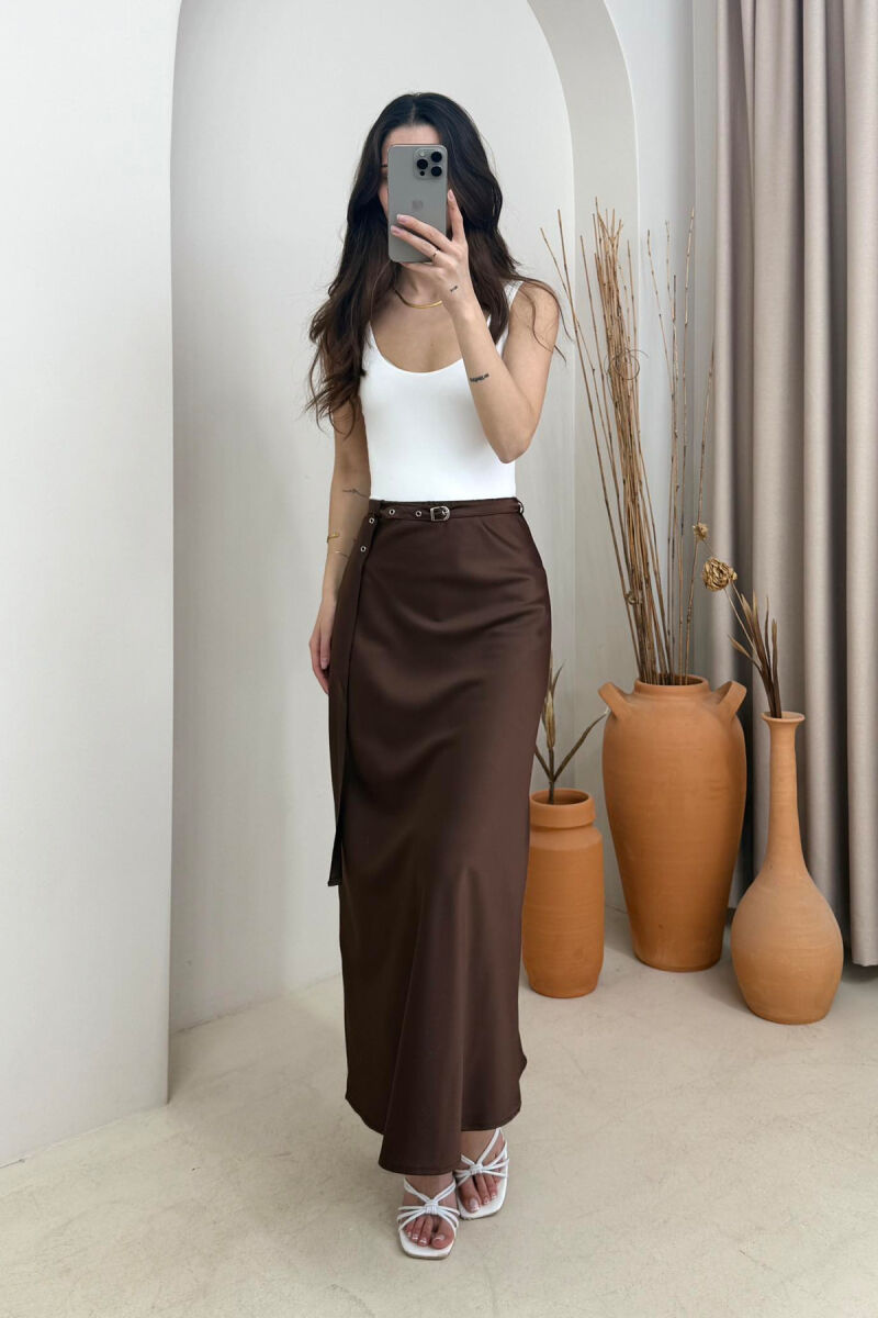 BELT DETAIL ONE COLOR LONG WOMEN SKIRT BROWN/KAFE - 2