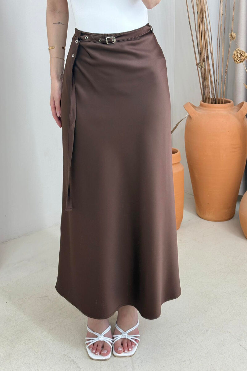 BELT DETAIL ONE COLOR LONG WOMEN SKIRT BROWN/KAFE - 3