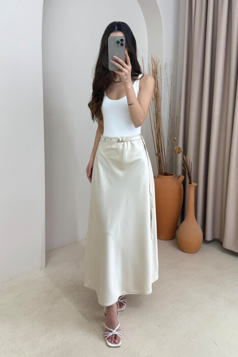 BELT DETAIL ONE COLOR LONG WOMEN SKIRT CREAM/KREM 