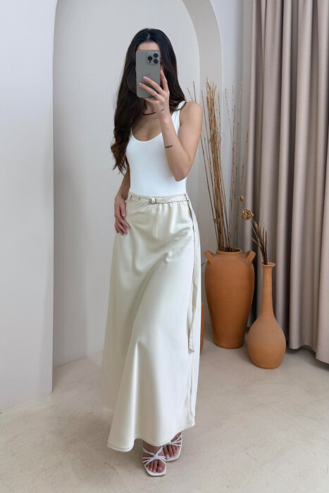 BELT DETAIL ONE COLOR LONG WOMEN SKIRT CREAM/KREM - 2