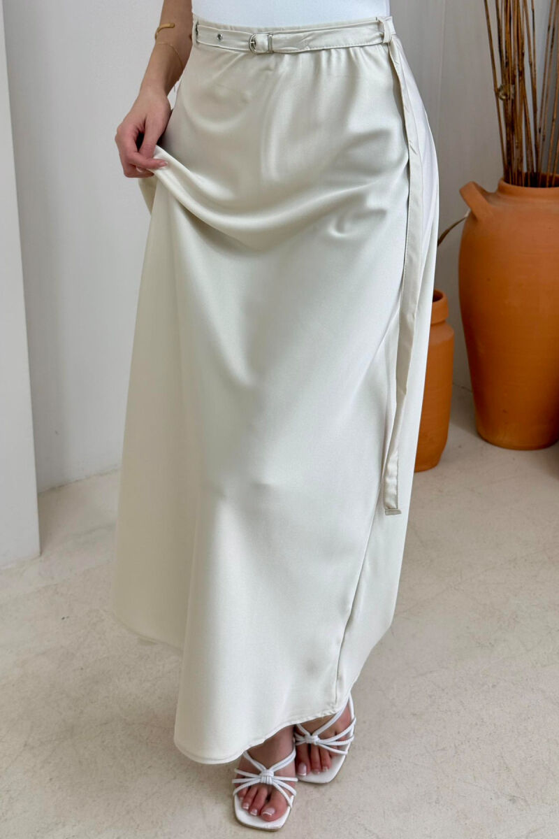 BELT DETAIL ONE COLOR LONG WOMEN SKIRT CREAM/KREM - 4