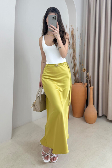 BELT DETAIL ONE COLOR LONG WOMEN SKIRT LIGHT GREEN/JEZB - 1
