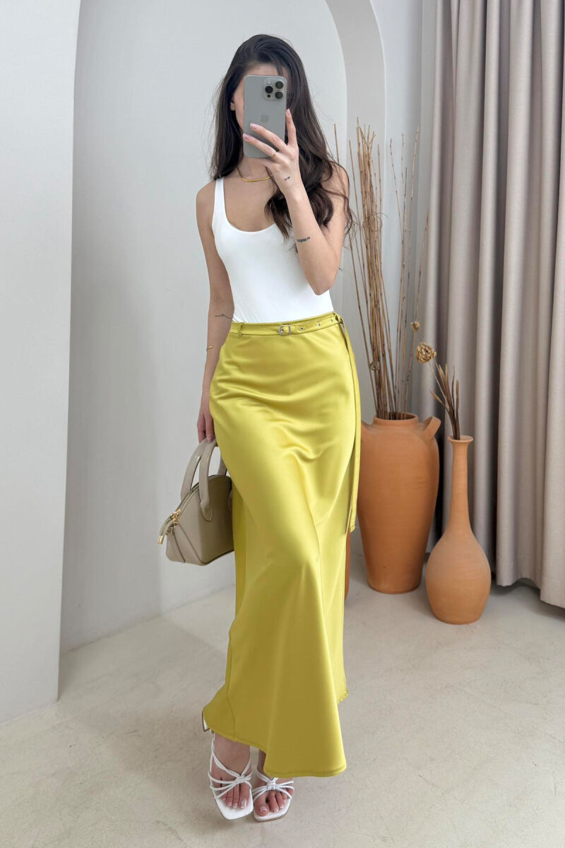 BELT DETAIL ONE COLOR LONG WOMEN SKIRT LIGHT GREEN/JEZB - 1