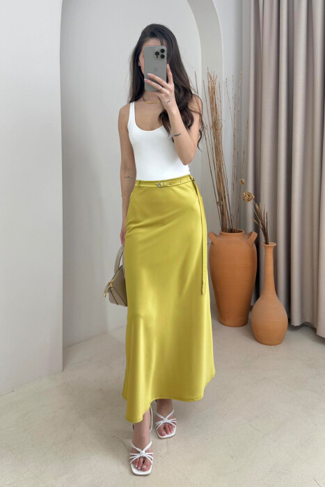 BELT DETAIL ONE COLOR LONG WOMEN SKIRT LIGHT GREEN/JEZB - 2