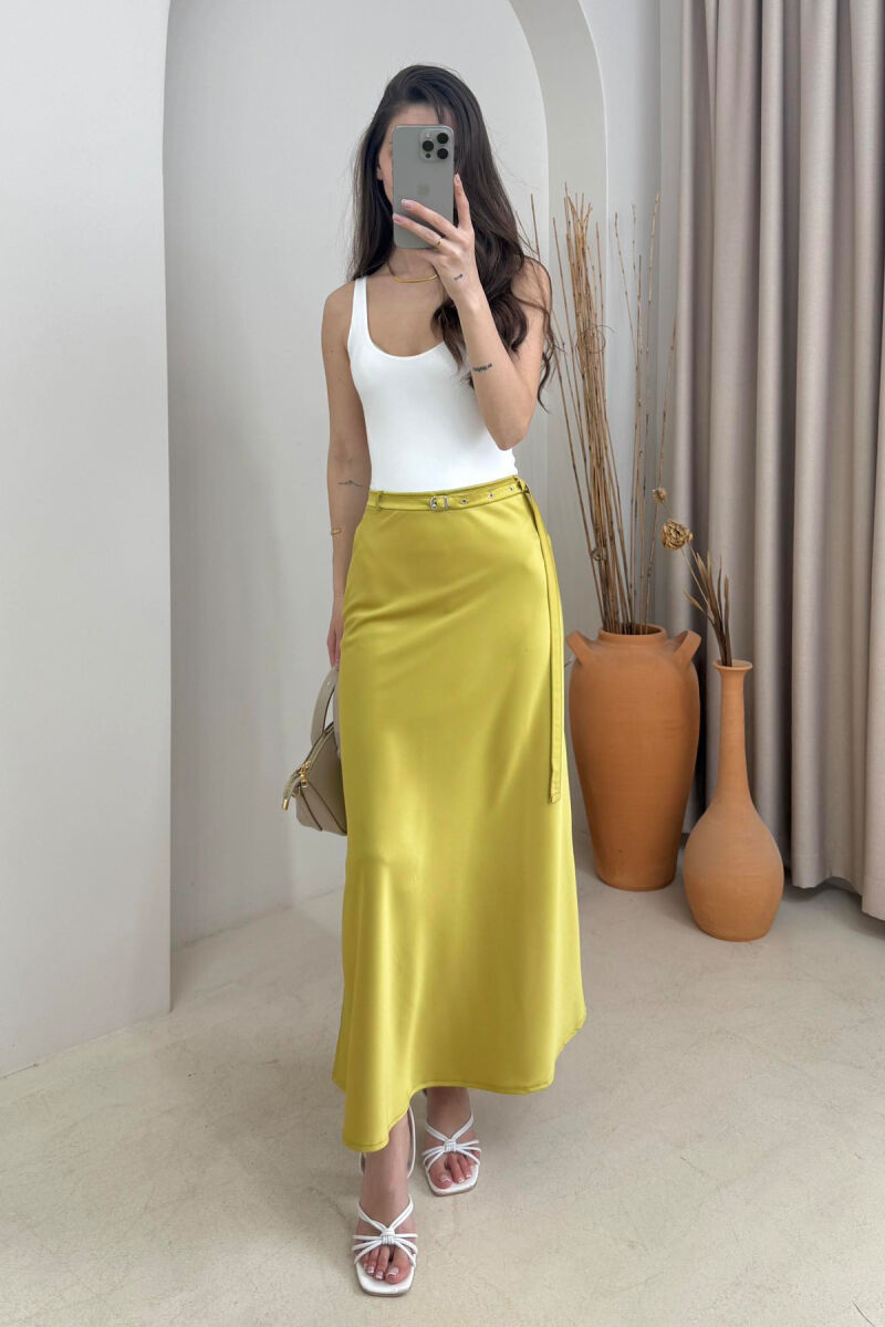 BELT DETAIL ONE COLOR LONG WOMEN SKIRT LIGHT GREEN/JEZB - 2