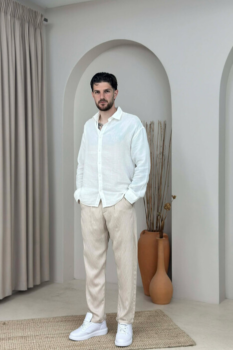 BELT DETAIL ONE COLOR MEN PANTS BEIGE/BEZHE - KLAUDIO FASHION