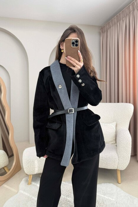 BELT DETAIL ONE COLOR WOMEN JACKET BLACK/ E ZEZE - KLAUDIO FASHION