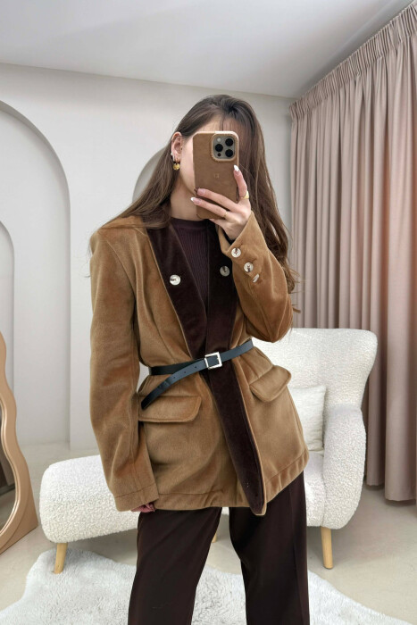BELT DETAIL ONE COLOR WOMEN JACKET BROWN/KAFE - KLAUDIO FASHION