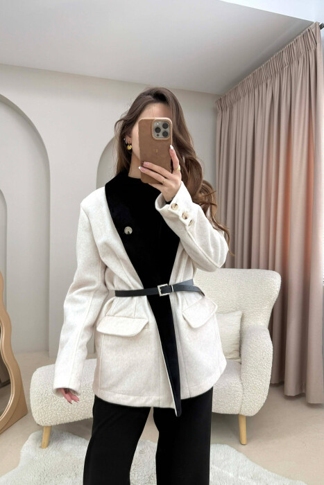 BELT DETAIL ONE COLOR WOMEN JACKET CREAM/KREM - KLAUDIO FASHION