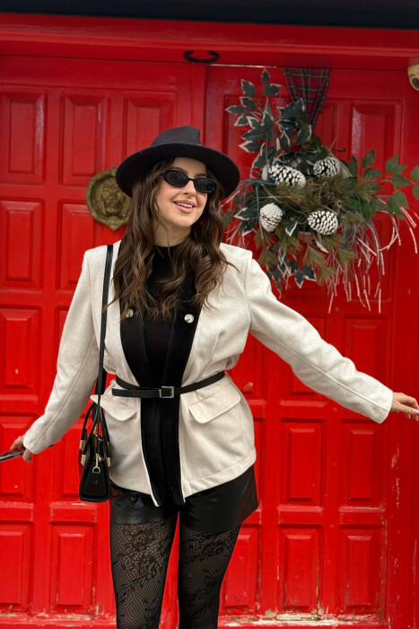 BELT DETAIL ONE COLOR WOMEN JACKET CREAM/KREM - KLAUDIO FASHION