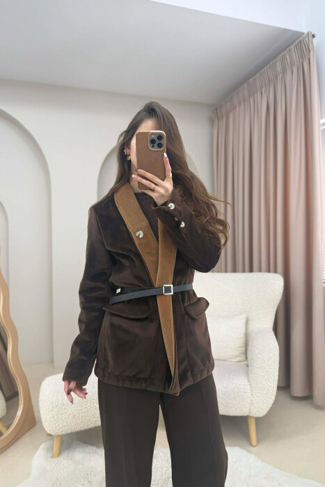 BELT DETAIL ONE COLOR WOMEN JACKET DARK BROWN/KAE - KLAUDIO FASHION