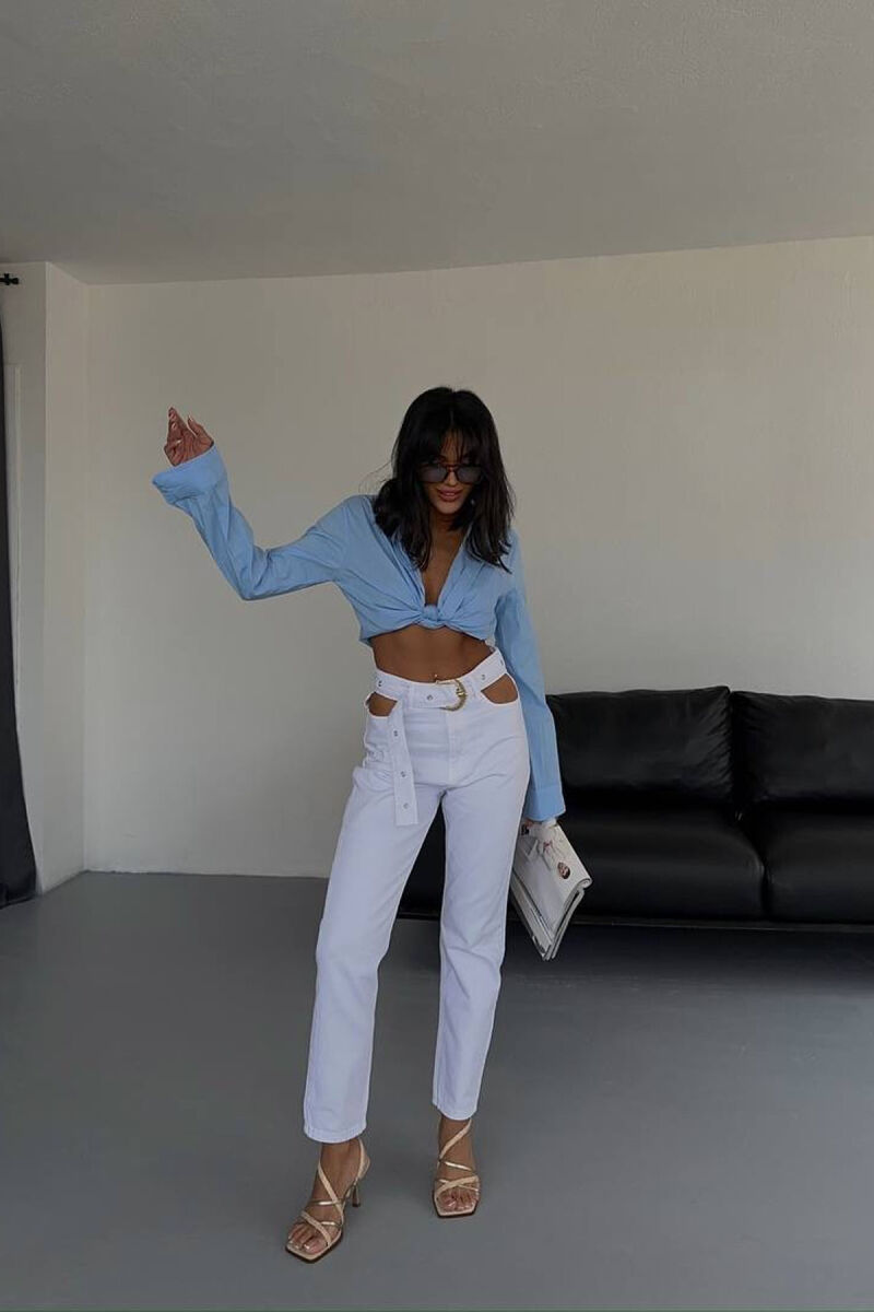 BELT DETAIL ONE COLOR WOMEN JEANS WHITE-E BARDHE - 1
