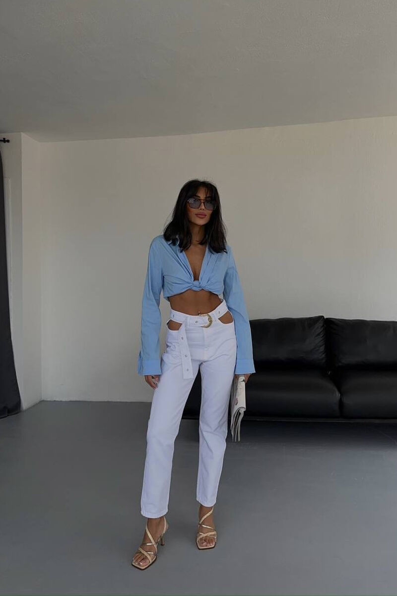 BELT DETAIL ONE COLOR WOMEN JEANS WHITE-E BARDHE - 3