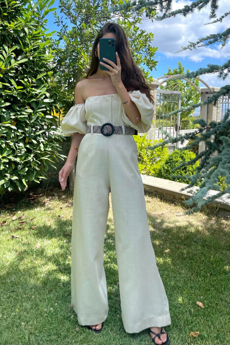 BELT DETAIL ONE COLOR WOMEN JUMPSUIT CREAM/KREM - 1