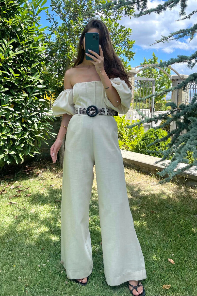 BELT DETAIL ONE COLOR WOMEN JUMPSUIT CREAM/KREM - 1