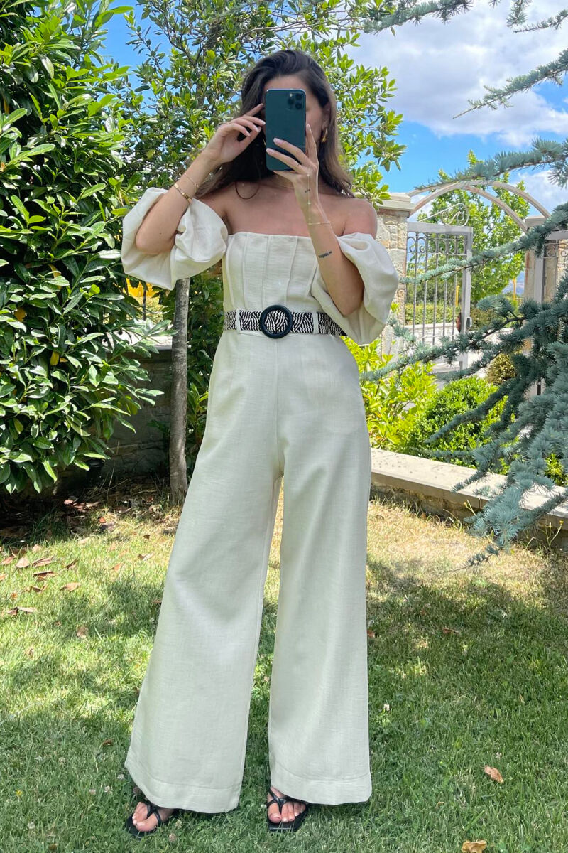 BELT DETAIL ONE COLOR WOMEN JUMPSUIT CREAM/KREM - 2