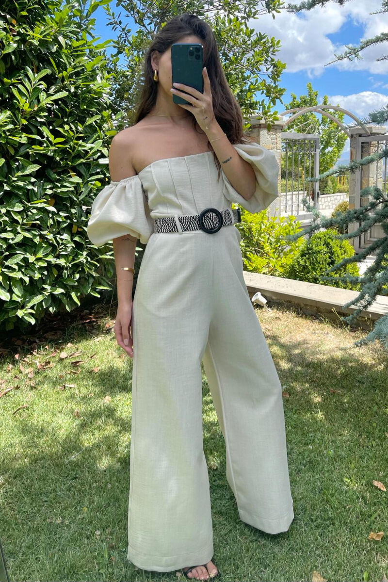 BELT DETAIL ONE COLOR WOMEN JUMPSUIT CREAM/KREM - 3