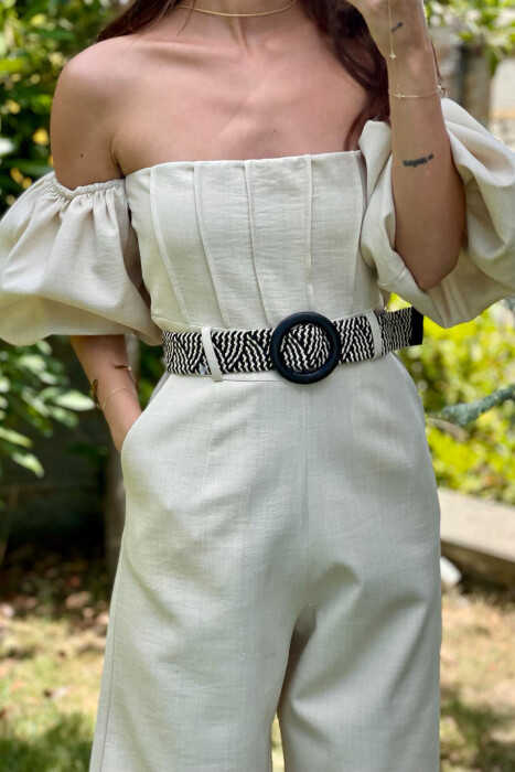 BELT DETAIL ONE COLOR WOMEN JUMPSUIT CREAM/KREM - 10