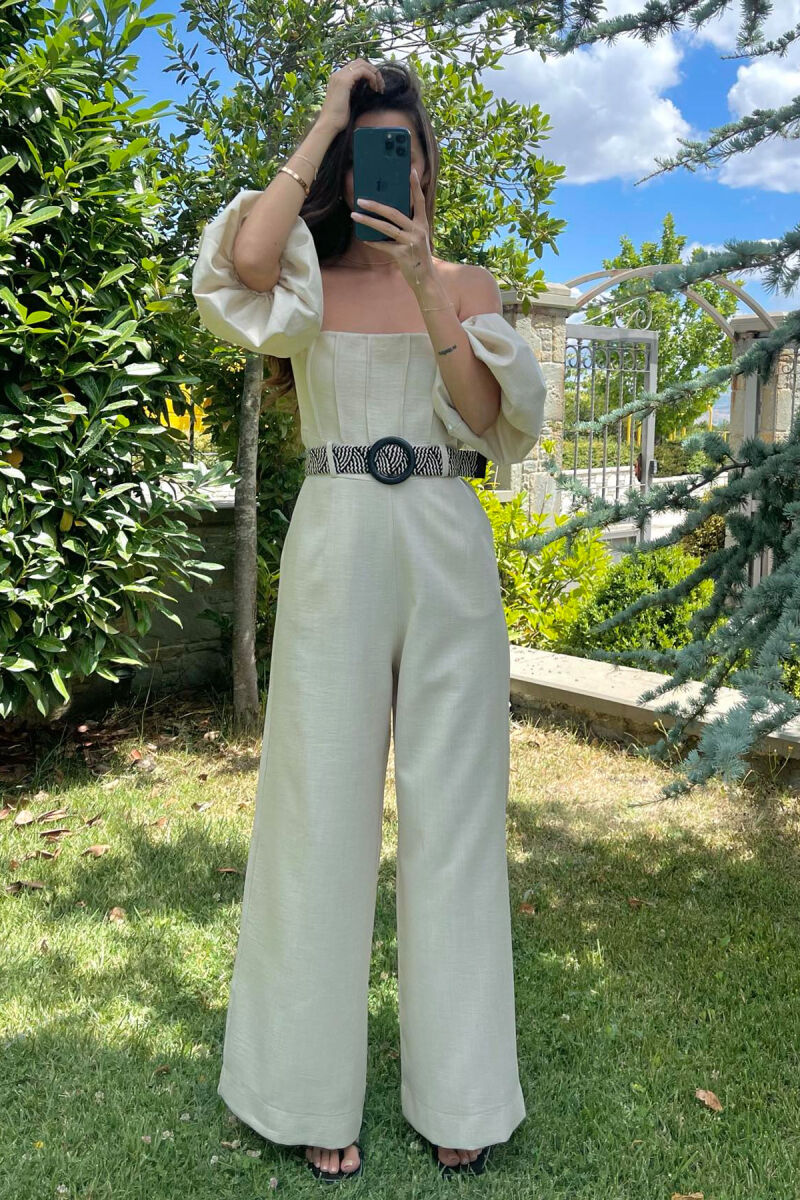 BELT DETAIL ONE COLOR WOMEN JUMPSUIT CREAM/KREM - 11