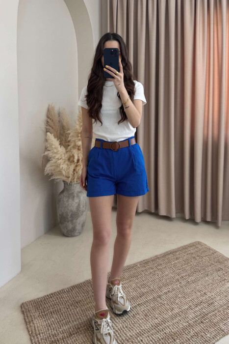 BELT DETAIL ONE COLOR WOMEN SHORTS BLUE/BLU - 4