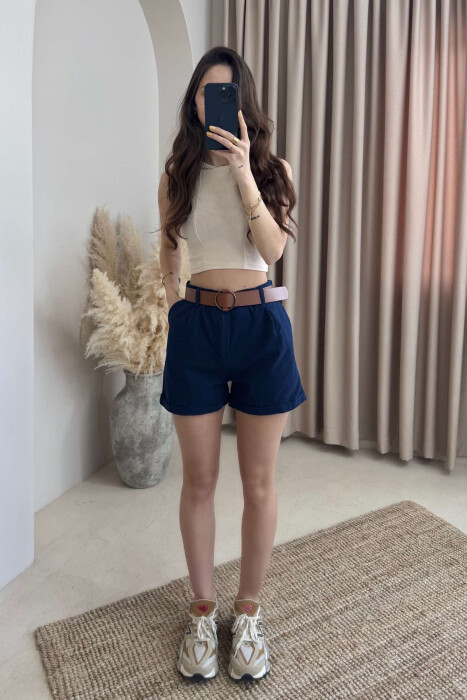 BELT DETAIL ONE COLOR WOMEN SHORTS DARK BLUE/BEE 