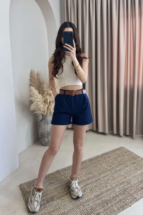BELT DETAIL ONE COLOR WOMEN SHORTS DARK BLUE/BEE - 2