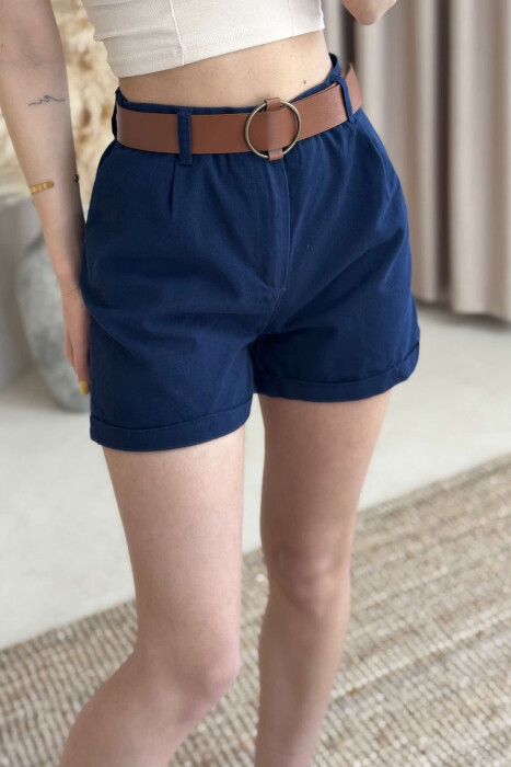 BELT DETAIL ONE COLOR WOMEN SHORTS DARK BLUE/BEE - 3