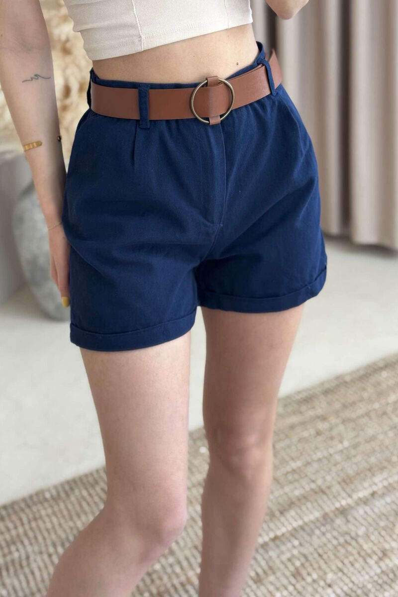 BELT DETAIL ONE COLOR WOMEN SHORTS DARK BLUE/BEE - 3