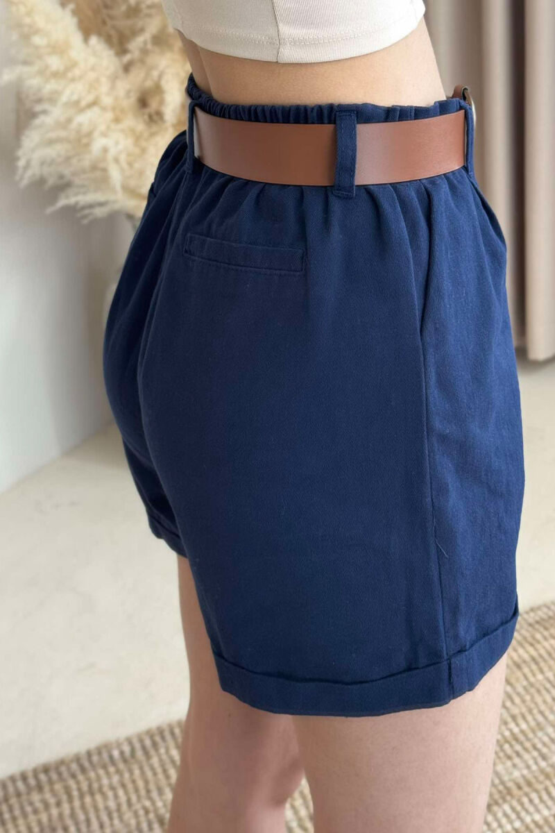 BELT DETAIL ONE COLOR WOMEN SHORTS DARK BLUE/BEE - 4
