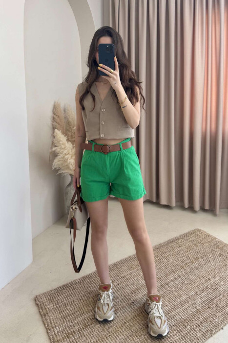 BELT DETAIL ONE COLOR WOMEN SHORTS GREEN/JESHILE 