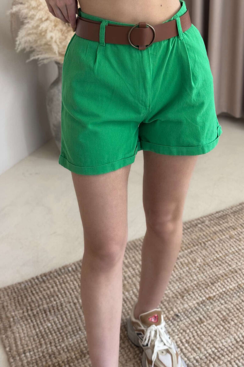 BELT DETAIL ONE COLOR WOMEN SHORTS GREEN/JESHILE - 3