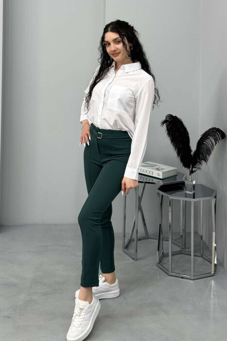 BELT DETAIL WOMEN TROUSERS IN GREEN COLOR 