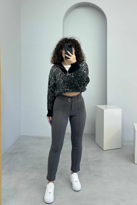 BELT DETAIL ONE COLOR WOMEN TROUSERS DARK GREY/GEE - 6