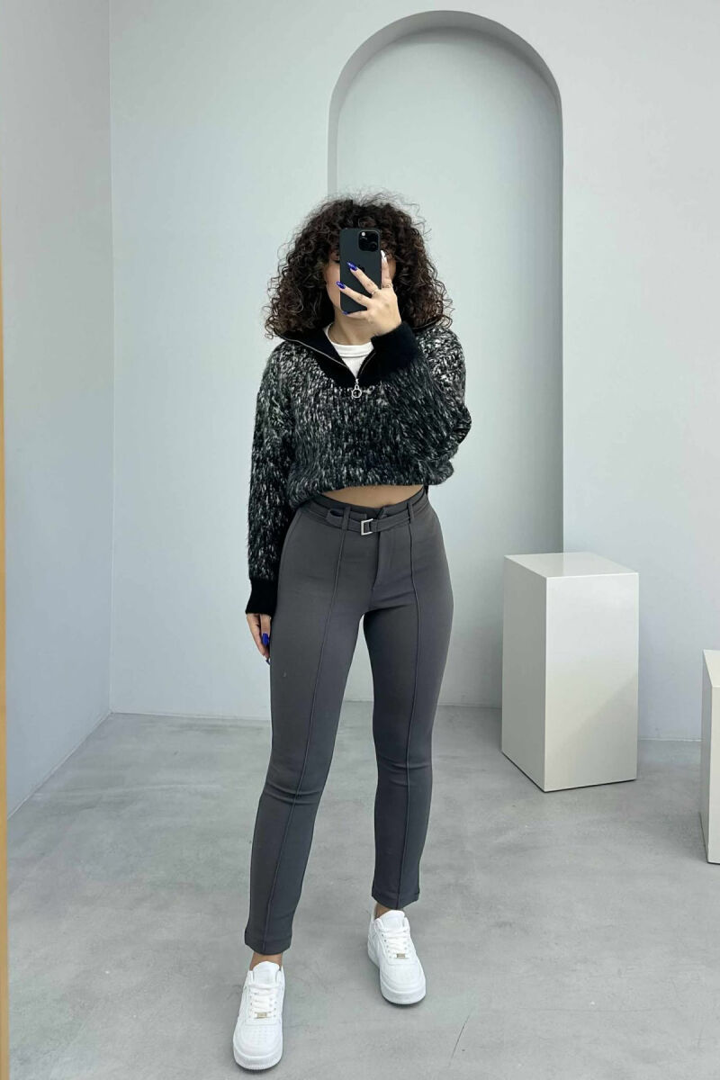 BELT DETAIL ONE COLOR WOMEN TROUSERS DARK GREY/GEE - 6