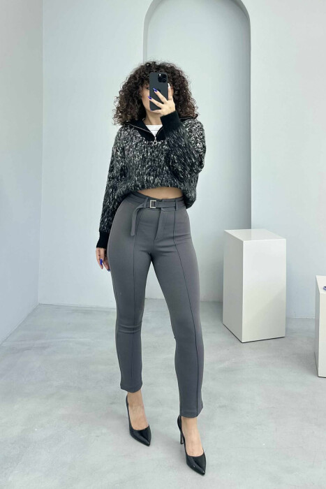 BELT DETAIL ONE COLOR WOMEN TROUSERS DARK GREY/GEE - 7