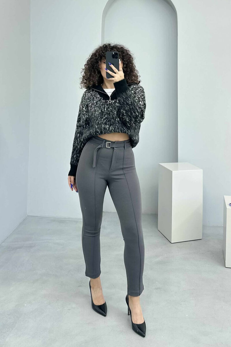 BELT DETAIL ONE COLOR WOMEN TROUSERS DARK GREY/GEE - 7