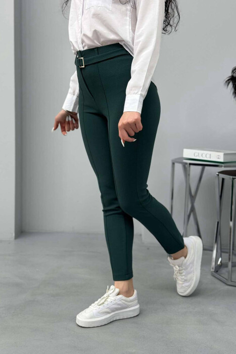 BELT DETAIL WOMEN TROUSERS IN GREEN COLOR - 2