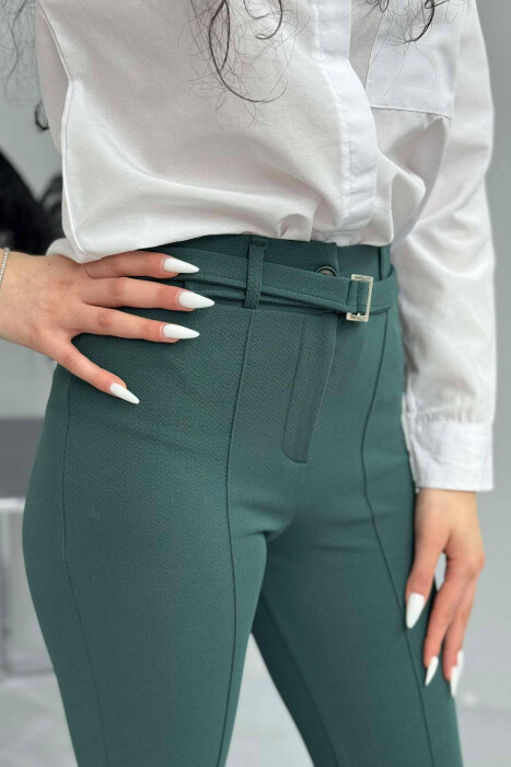 BELT DETAIL WOMEN TROUSERS IN GREEN COLOR - 4