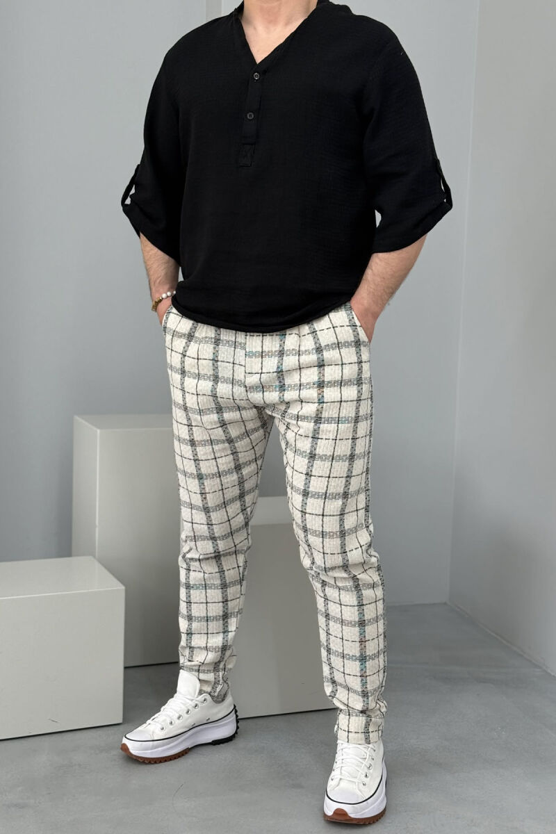 BELT DETAIL PLAID MEN PANTS BLACK-WHITE/ZEBA - 1