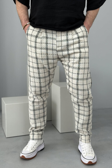 BELT DETAIL PLAID MEN PANTS BLACK-WHITE/ZEBA - 3