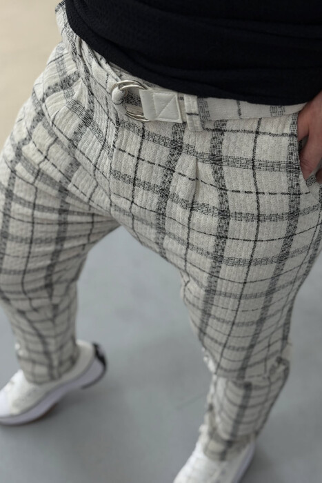 BELT DETAIL PLAID MEN PANTS BLACK-WHITE/ZEBA - 4