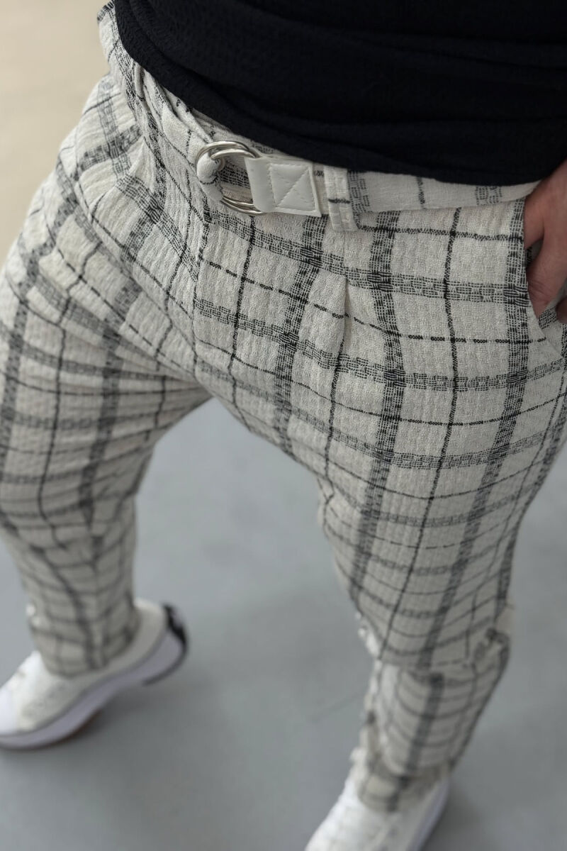 BELT DETAIL PLAID MEN PANTS BLACK-WHITE/ZEBA - 4