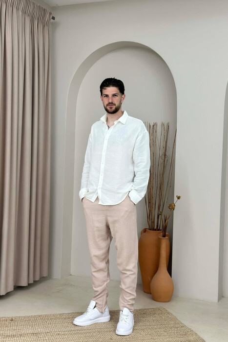 BELT DETAIL SIMPLE MEN PANTS BEIGE/BEZHE - 1