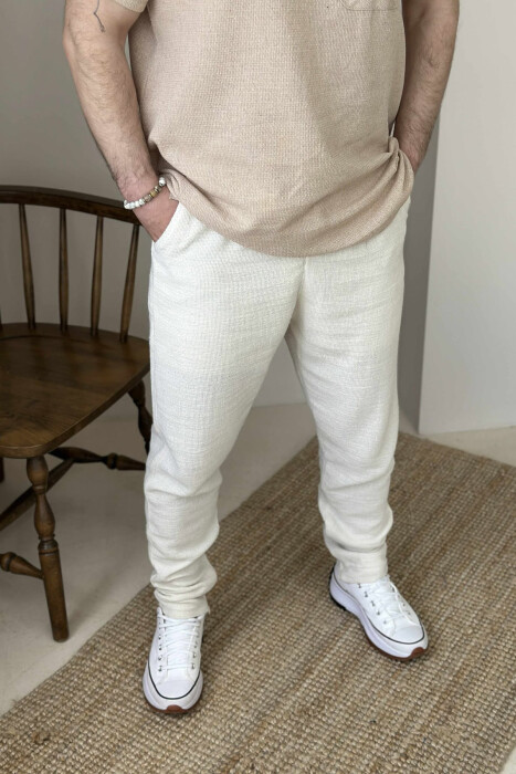 BELT DETAIL SIMPLE MEN PANTS CREAM/KREM 
